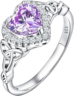 Celtic Birthstone Rings for Women 925 Sterling Silver Heart/Round/Pear/Oval Created Gemstone Moissanite Halo Engagement Promise Rings for Her Wife Birthday Anniversary Wedding Jewelry