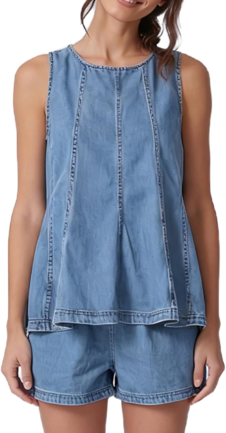 REASERAL Women's Casual Denim Sleeveless Flared Tank Top and High Waisted Shorts Two Piece Outfit Set