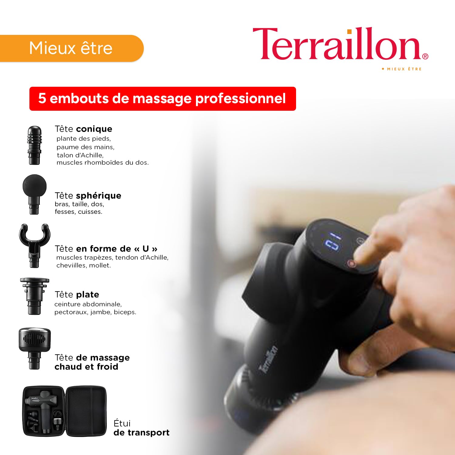 TERRAILLON - GUN MASSAGER EXPERT - Pistolet de massage Multizones, 20 vitesses 2800-3200 RPM, Ecran digital, Minuteur intégré, 5 embouts silicone dont 1 chaud-froid, USB-C, Etui inclus, Noir