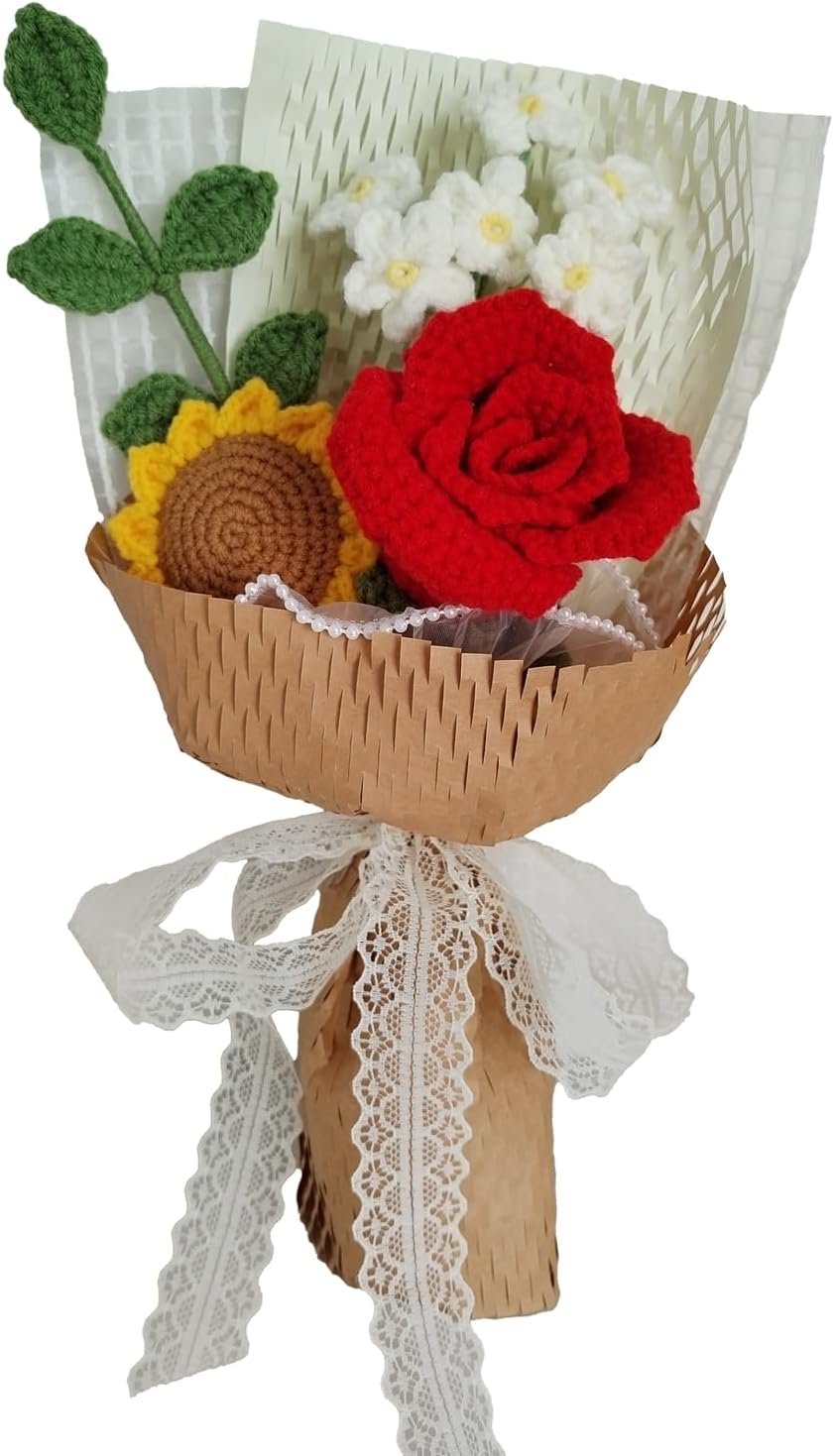 Marvogo Crochet Flowers Crochet Bouquet Handmade Crochet Rose Bell Orchid Suitable Tulip Fern Leaf as a Gift for Lover, Family,Friends. Artificial Flower Finished Bouquet(red)