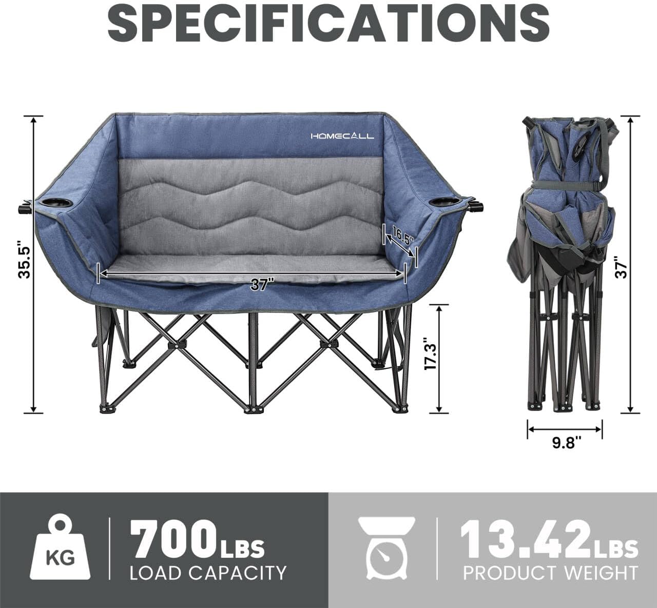 HOMECALL Double Camping Chair for Adults - Heavy Duty Folding Loveseat Support 700 lbs, 2 Person Padded Camping Couch Portable with Cup Holders & Storage Bag for Camping, Lawn, Sports, Blue