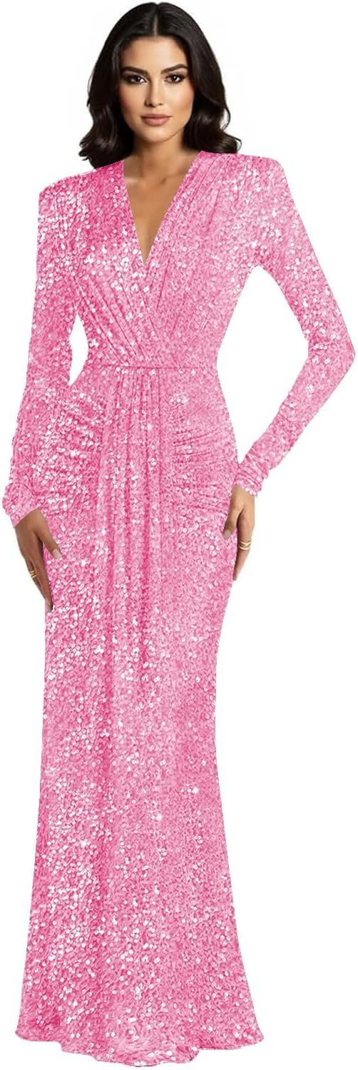 Sparkly Sequin Prom Dress V Neck Bridesmaid Dresses Long Sleeve Formal Gown for Women