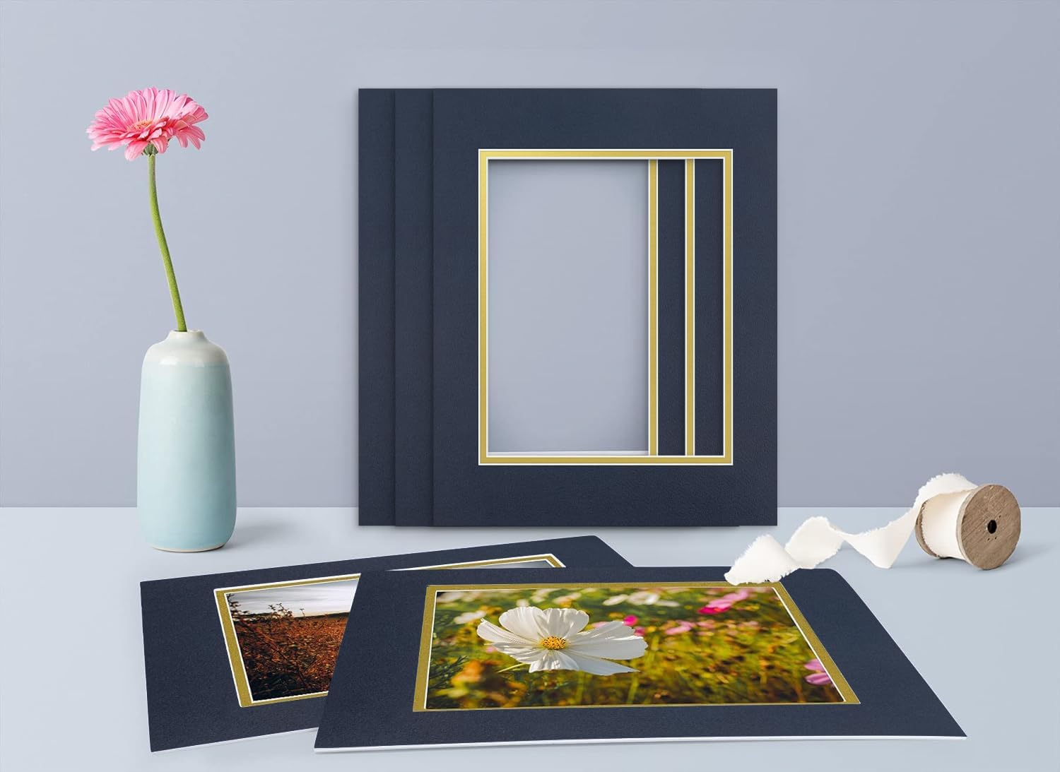 Golden State Art 11x14 Double Mats, Dignity Blue Over Old Gold, 5 Pack | Opening Size 7.5" x 9.5" For 8x10 Photos, Acid-Free, For Pictures & Frames