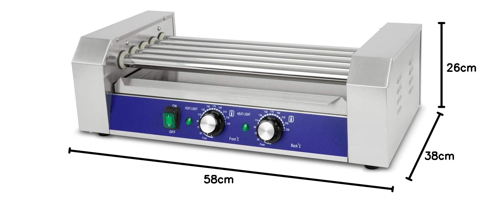 VERTES Gastro Hot Dog Maker acero inoxidable 1000W máquina perritos calientes 5 rodillos 2 zonas calentamiento 50-250°C