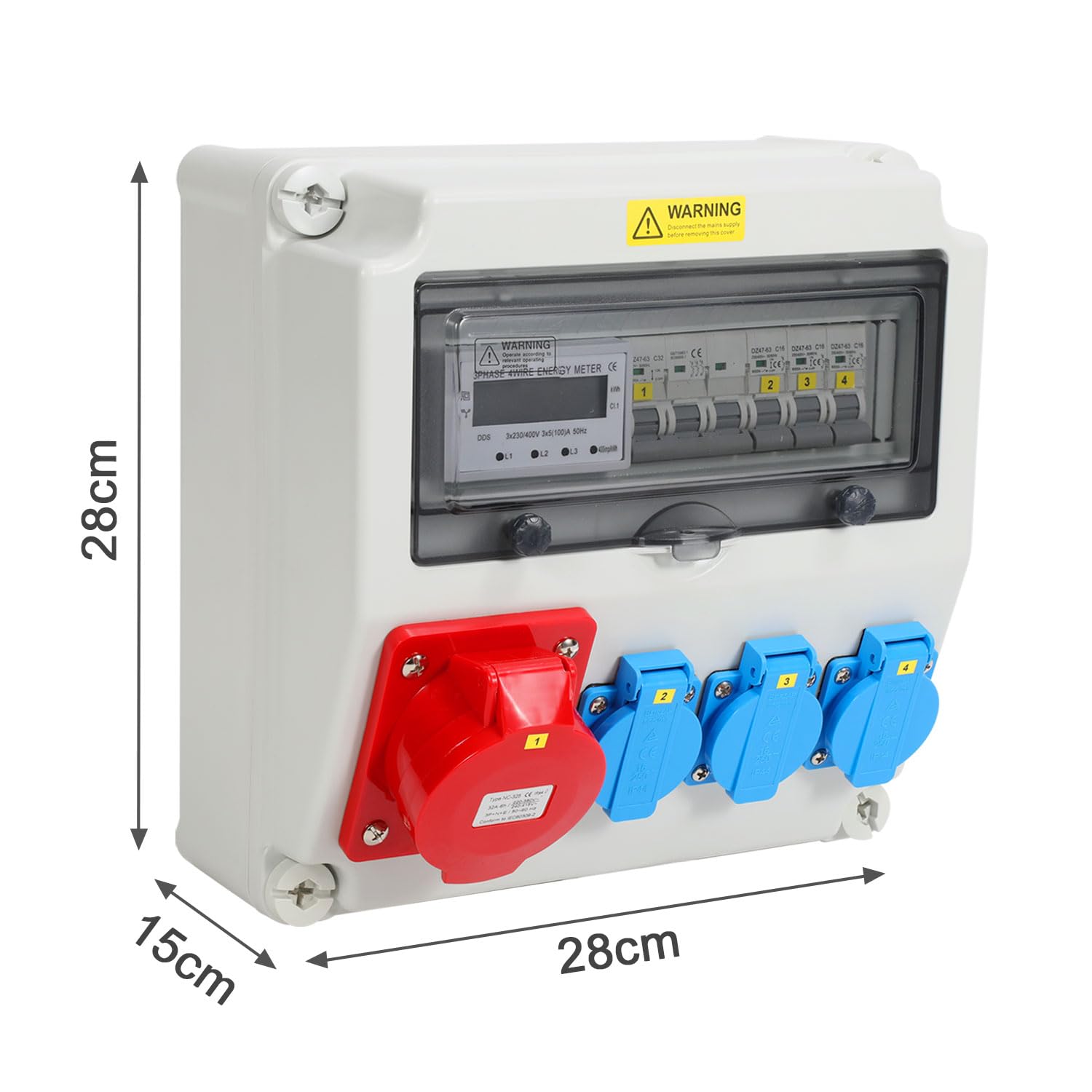 Randaco Distributore da parete con contatore elettrico a 3 fasi e MCB, 5 poli, con 3 prese Schuko e presa CEE 32 A, distributore di corrente per interni ed esterni