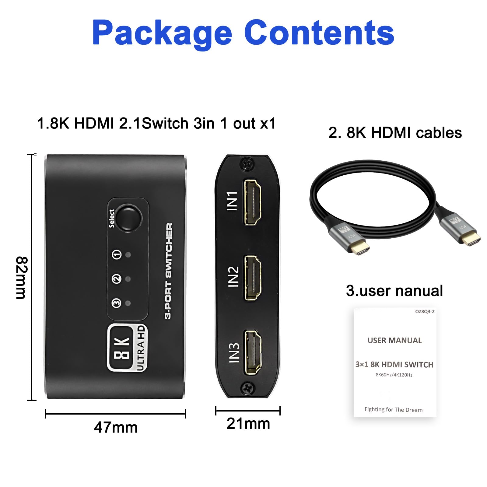 XMSJSIY Commutateur HDMI 3 en 1 Sortie, Sélecteur Répartiteur 2.1 Avec Câble 3 Ports Compatible 4K 120Hz 8K 60Hz 48Gbps pour HDTV, PS5, Xbox DVD, Projecteur