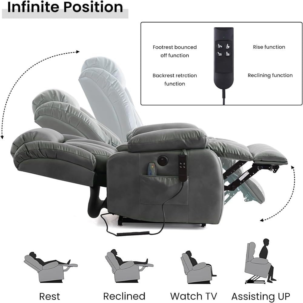 Lay Flat Massage Heat Recliner, Heavy Duty Breathable Leather Power Lift Chair with Cup Holders Side Pockets for Elderly