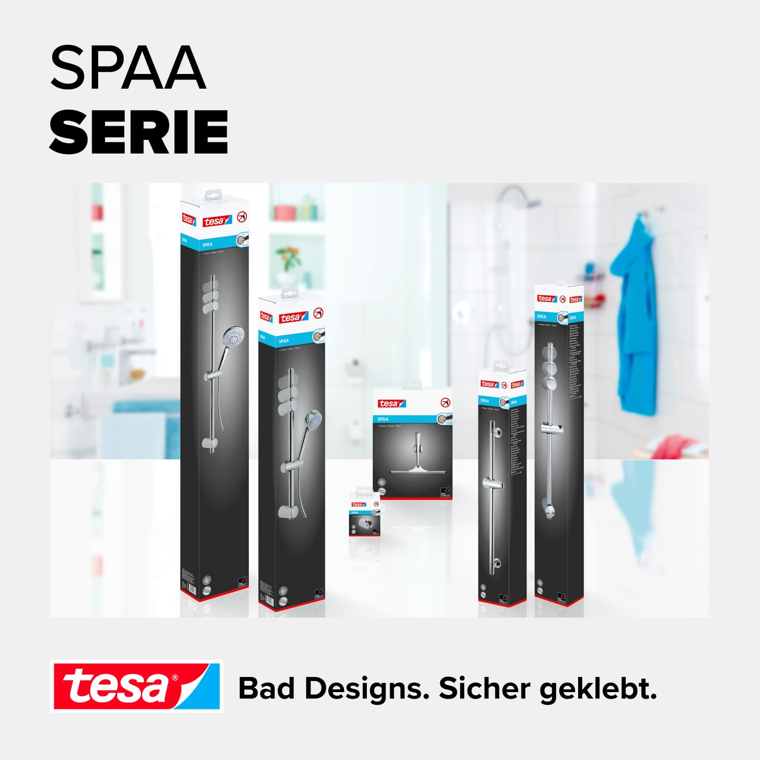 tesa SPAA Duschstange, verchromt, Duschkopfhalter höhenverstellbar, inkl. Klebelösung, Länge der Stange: 705mm