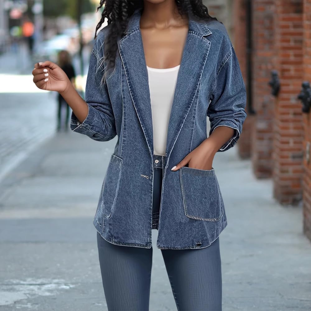 One Button Denim Jacket for Women Spring Fall Long Sleeve Lapel Notch Collar Blazer Jacket 2025 Fashion Work Office Jean Jacket for Girls Solid Color Cardigan Light Blue Denim Jacket