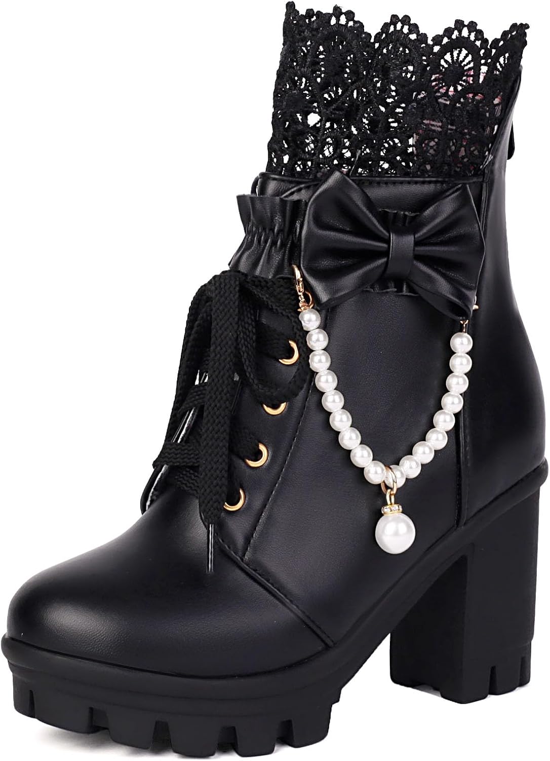 Bellirala Women Platform Boots Cute Kawaii Lolita Boots Lace Bow Chunky High Heels Gothic Buckled Platform Ankle Booties Zipper Punk Cosplay Shoes