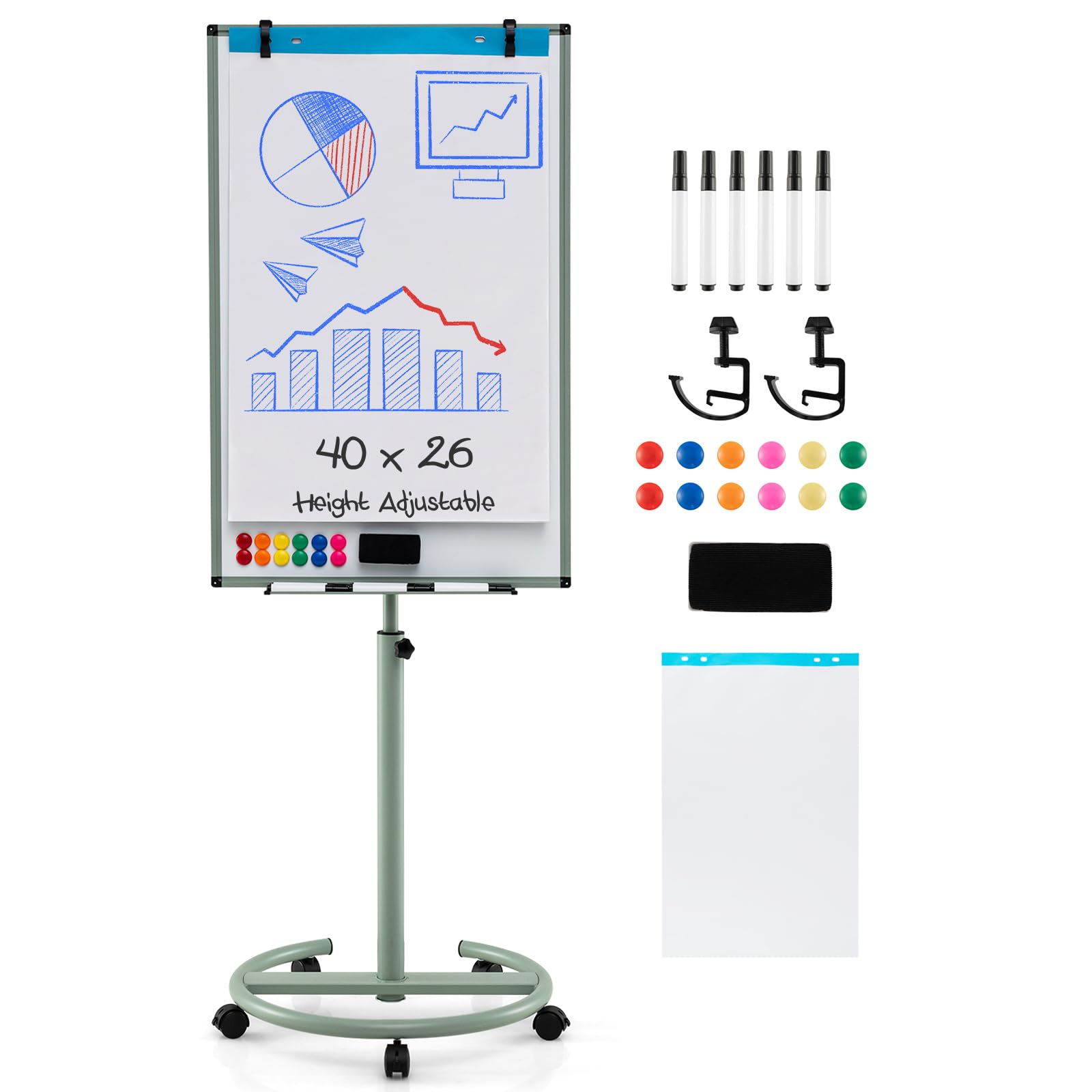 COSTWAY Tableau Blanc Effacable sur Pied, 100 x 65 cm, Tableau Blanc sur Pieds Hauteur Réglable 132-192 cm, Support Sur Roulettes, Cadre en Alu, Paper Board, pour École, Bureau (100x65cm,Vert)