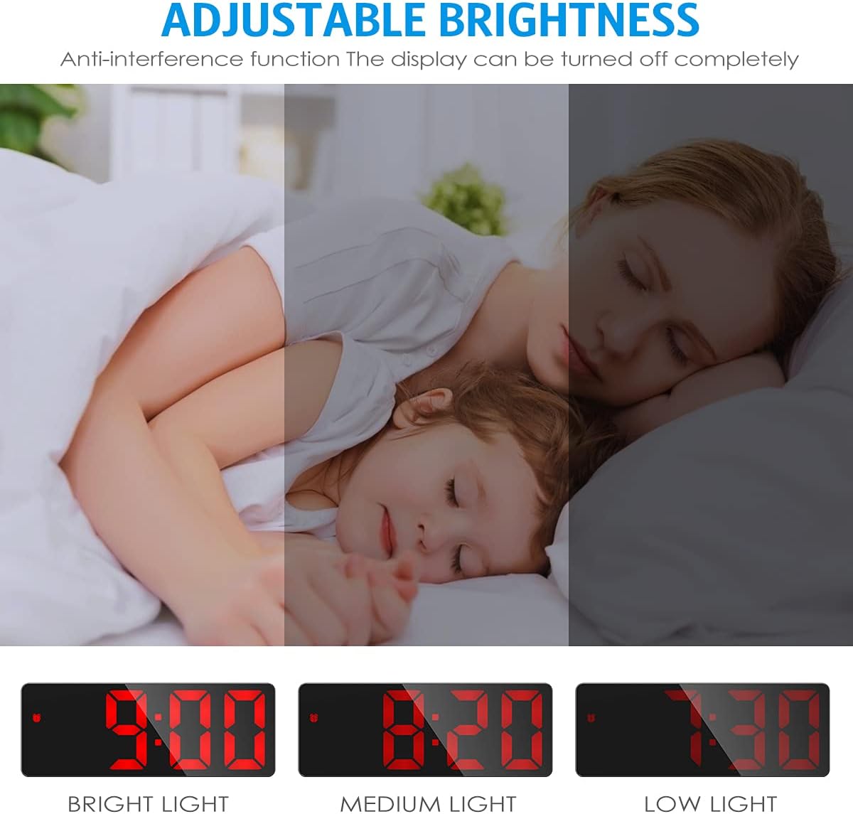 Three images demonstrating the adjustable brightness levels: Bright, Medium, and Low.