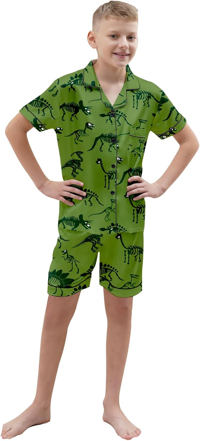 Schbbbta Boys Silk Pajamas Set Button-Down Short Sleeve Satin Sleepwear 2 Piece PJs Sets, Green Black Dinosaur, 4-5T = Tag 120