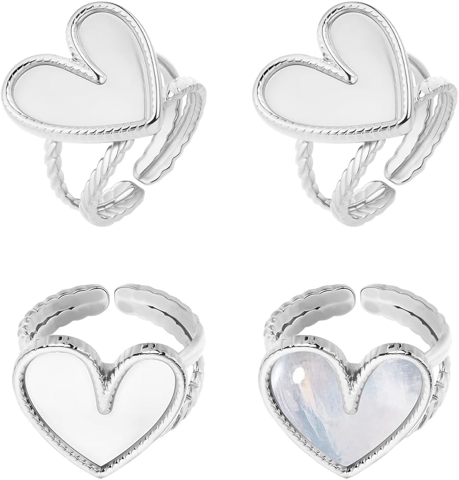 Beebeecraft 8Pcs Cabochon Ring Setting, 304 Stainless Steel Silvery Heart Open Cuff Rings Adjustable Blank Ring Base Tray Components for Jewelry Making DIY Crafts