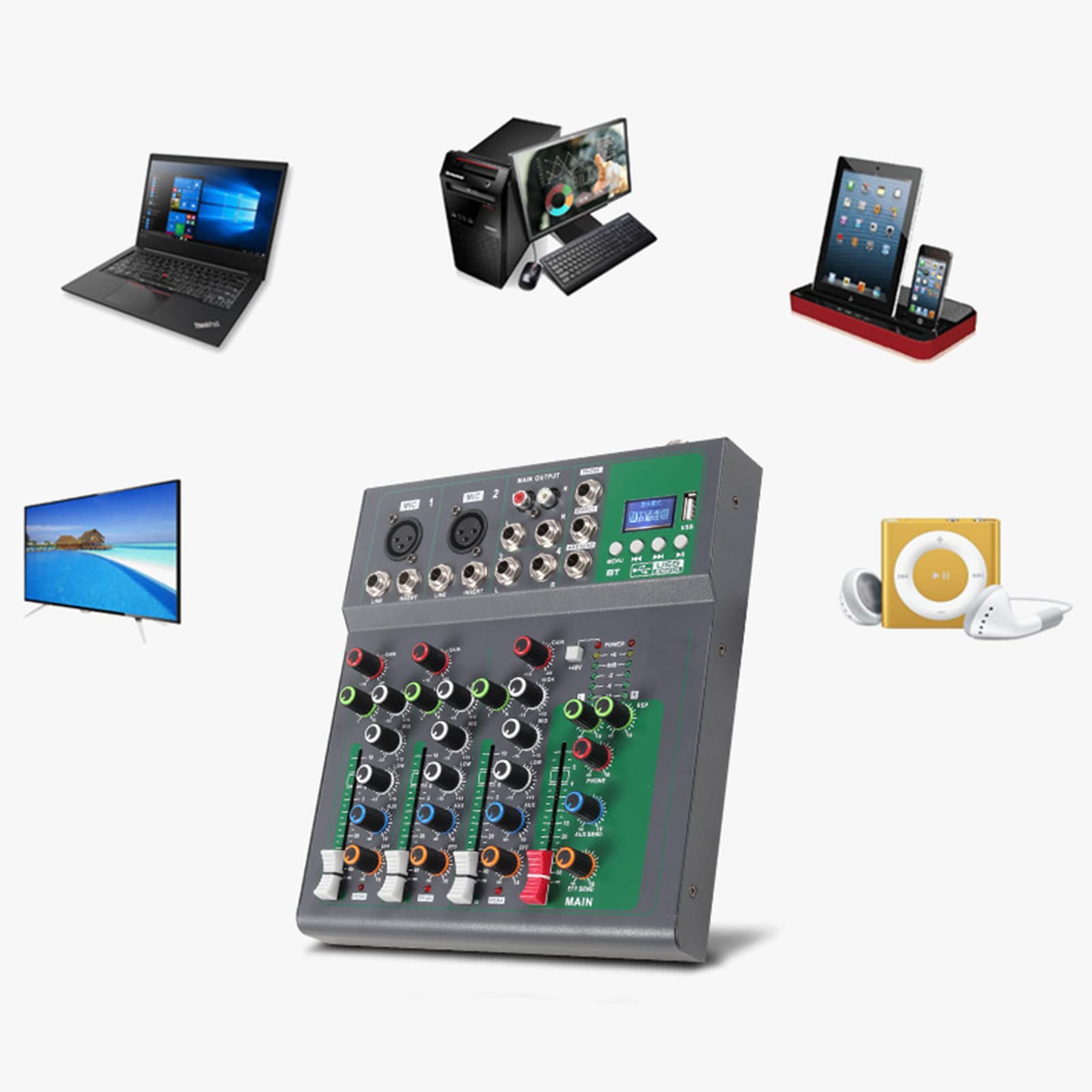 Mixer audio Bluetooth professionale Mixer USB DJ console di mixaggio audio 4 canali ?Karaoke 48V Power per PC Party Studio Registrazione