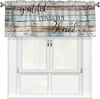 Evlaschin Rustic Wood Grain Window Valances 1 Pack Grateful Thankful Blessed Short Kitchen Valance 54"x18" Vintage Wooden Board Decorative Rod Pocket Curtain Valance for Bathroom Dining Room