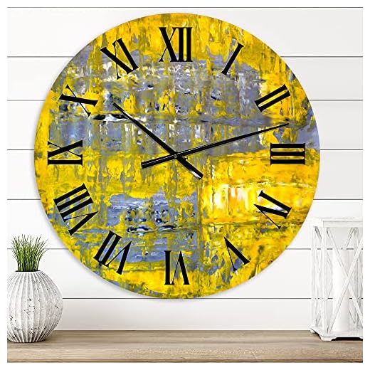 DesignQ Modern Wall Clock 'Yellow Meets Grey Abstract Art I' Abstract & Fractals Large Wall Clock for Kitchen Decor