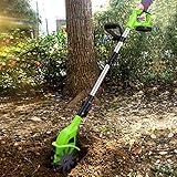 Eficiente y potente: escarificador eléctrico inalámbrico para césped con 2 cuchillas de acero al manganeso de alta dureza, profundidad de tierra cultivable de 25 cm, ancho de tierra cultivable de 10 cm, que satisface las necesidades de excavación de zanjas y labranza profunda. La batería recargable de iones de litio de 20V 2.0Ah dura entre 30 y 45 minutos y puede cultivar 325 pies cuadrados.