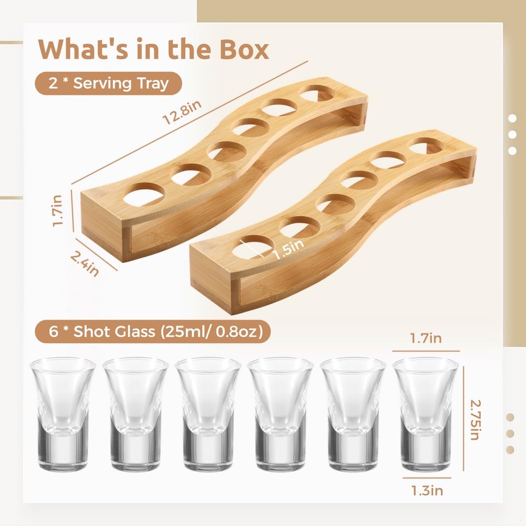 Lot de 6 verres à shot de qualité supérieure avec porte-plateau en bambou en forme de S, gobelets en verre transparent de 25 ml, parfaits pour les fêtes et les restaurants