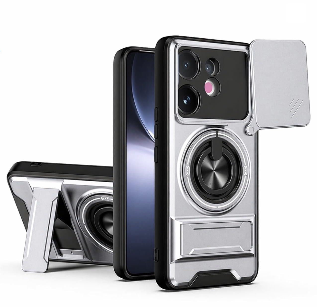 Back Cover for Vivo V60e 5G | Armor Camera Slider 360 Degree Rotating Finger Ring Holder Case with Bracket Stand Back Case Cover (Silver)-image-9