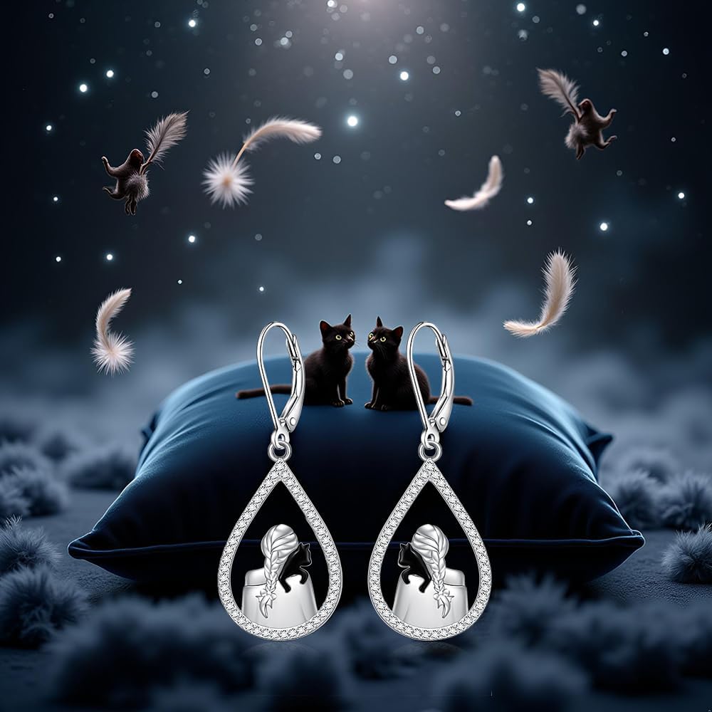 Black Cat Earrings for Women Dangle 925 Sterling Silver Halloween Black Lady Cat Teardrop Leverback Cute Earrings Jewelry Gifts - Image 9