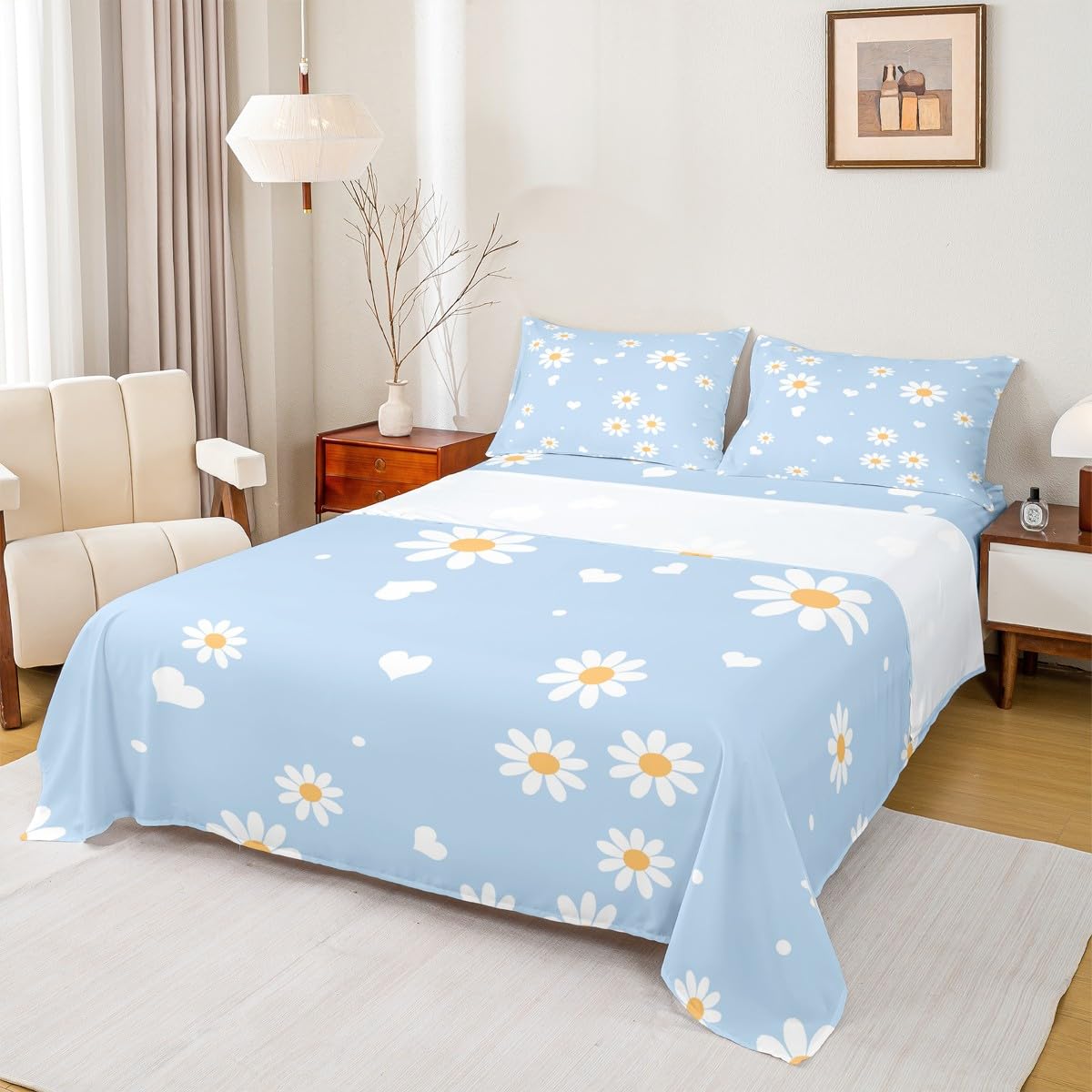 Daisy Flowers Bed Sheet Queen Set Garden Theme Sheets Sets Adults Bedroom Decor Yellow White Blue Microfiber Bedding Set with Flat,Fitted Sheet,2 Pillow Cases
