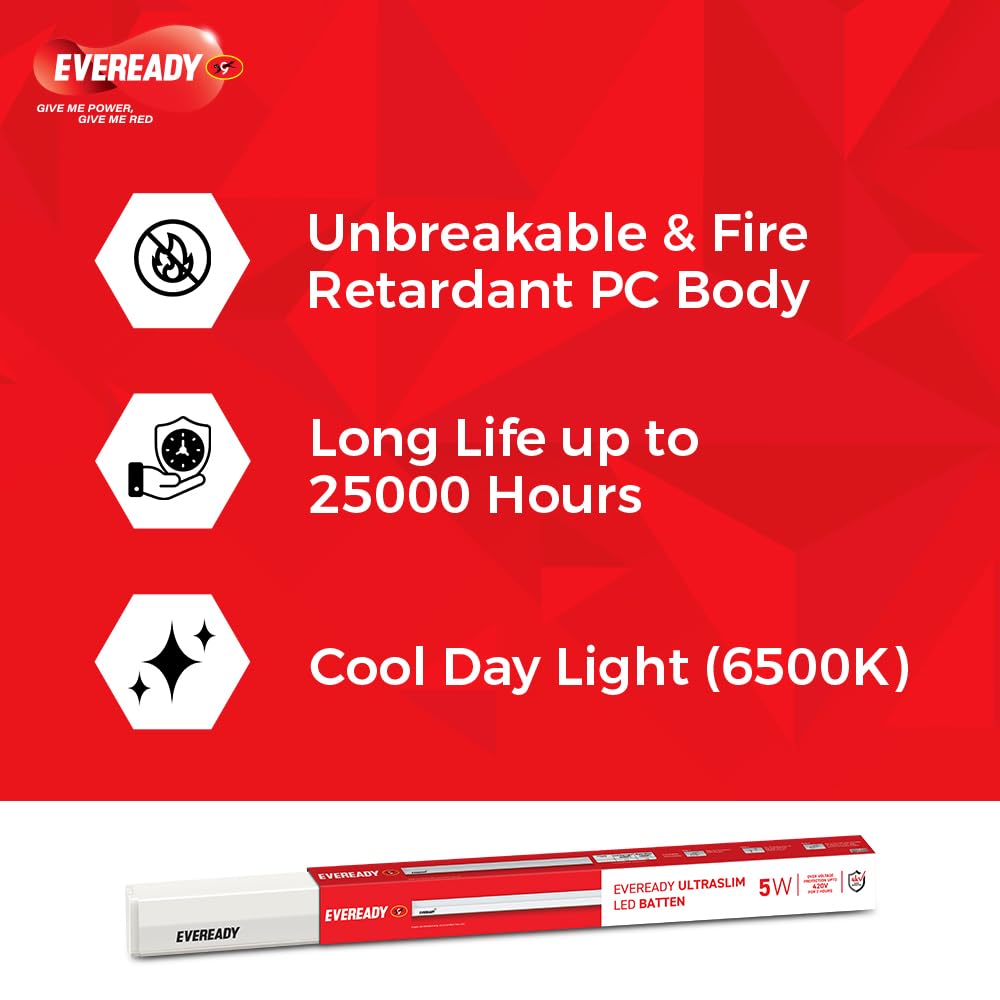 Eveready Polycarbonate 5W Led Batten,Pack Of 4, White 3