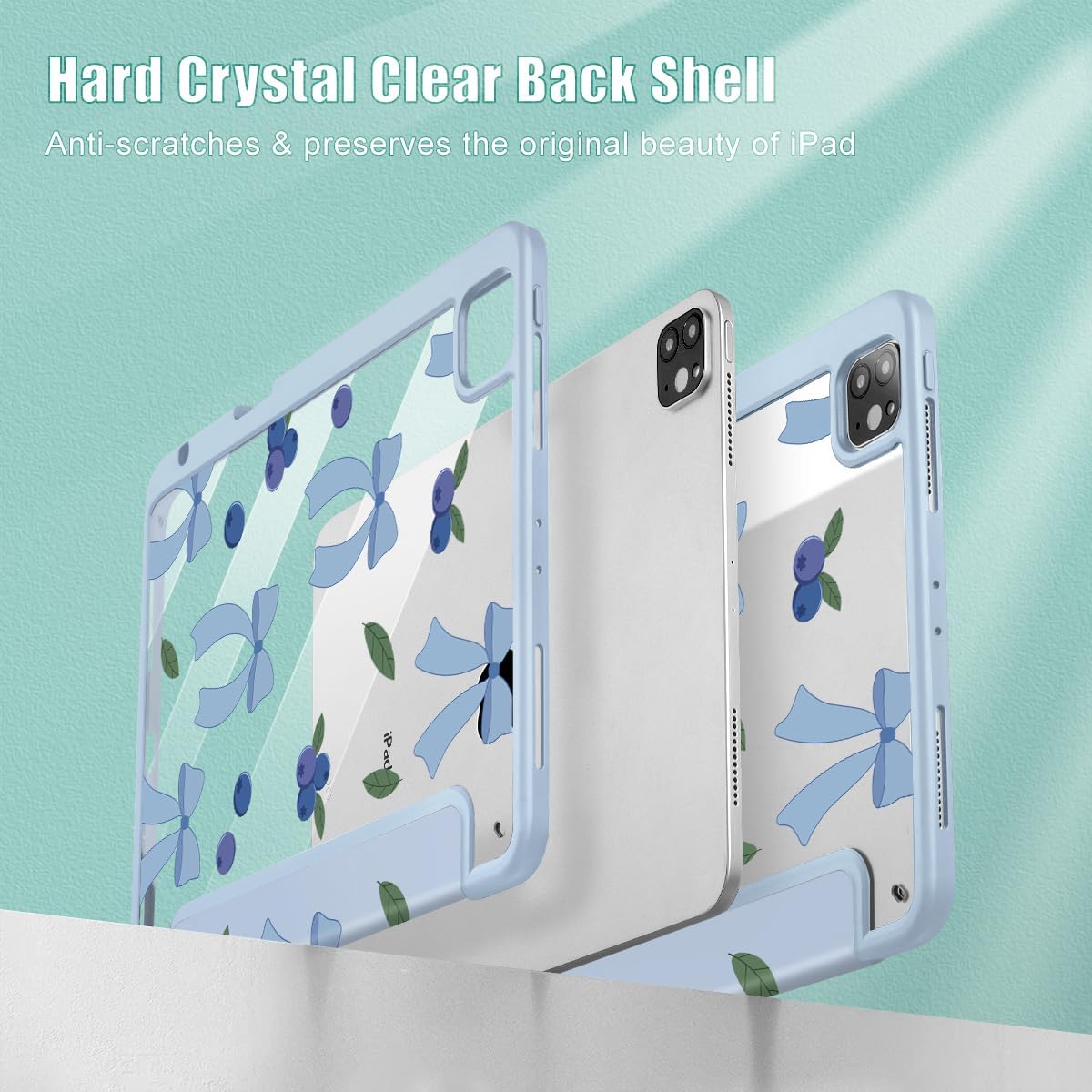 Tuiklol for iPad Pro 12.9 Inch 6th/5th/4th/3rd Generation 2022 2021 2020 2018 Case,Built-in Pencil Holder Clear Transparent Protective Back Shell Cover with Auto Sleep/Wake, Blueberries-Blue