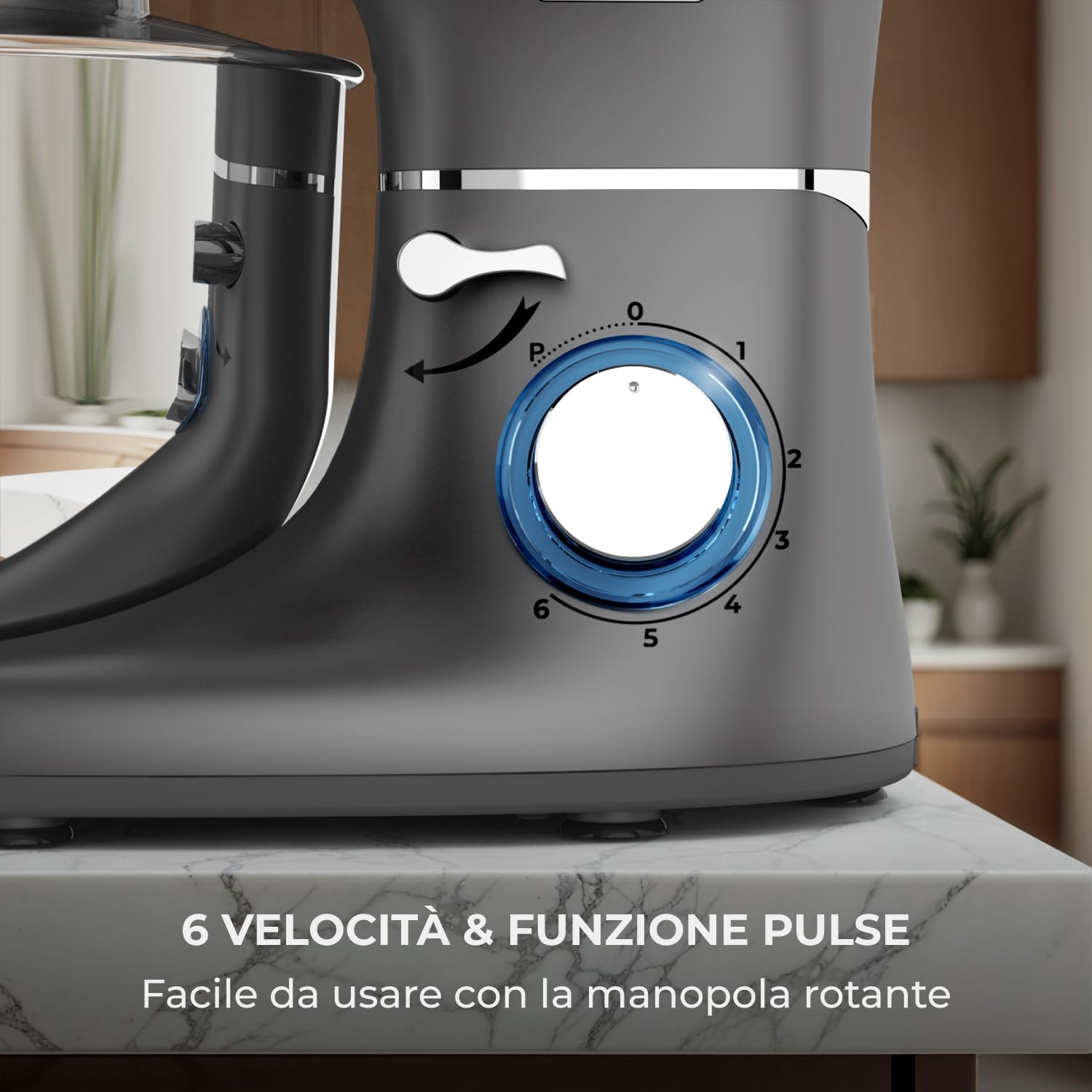 Impastatrice Planetaria - 2000W - Ciotola in Acciaio Inossidabile (6,2 L) - Impastatrice con Frusta, Gancio Impastare e Mescolatore - Inclusa e accessori extra - Antracite