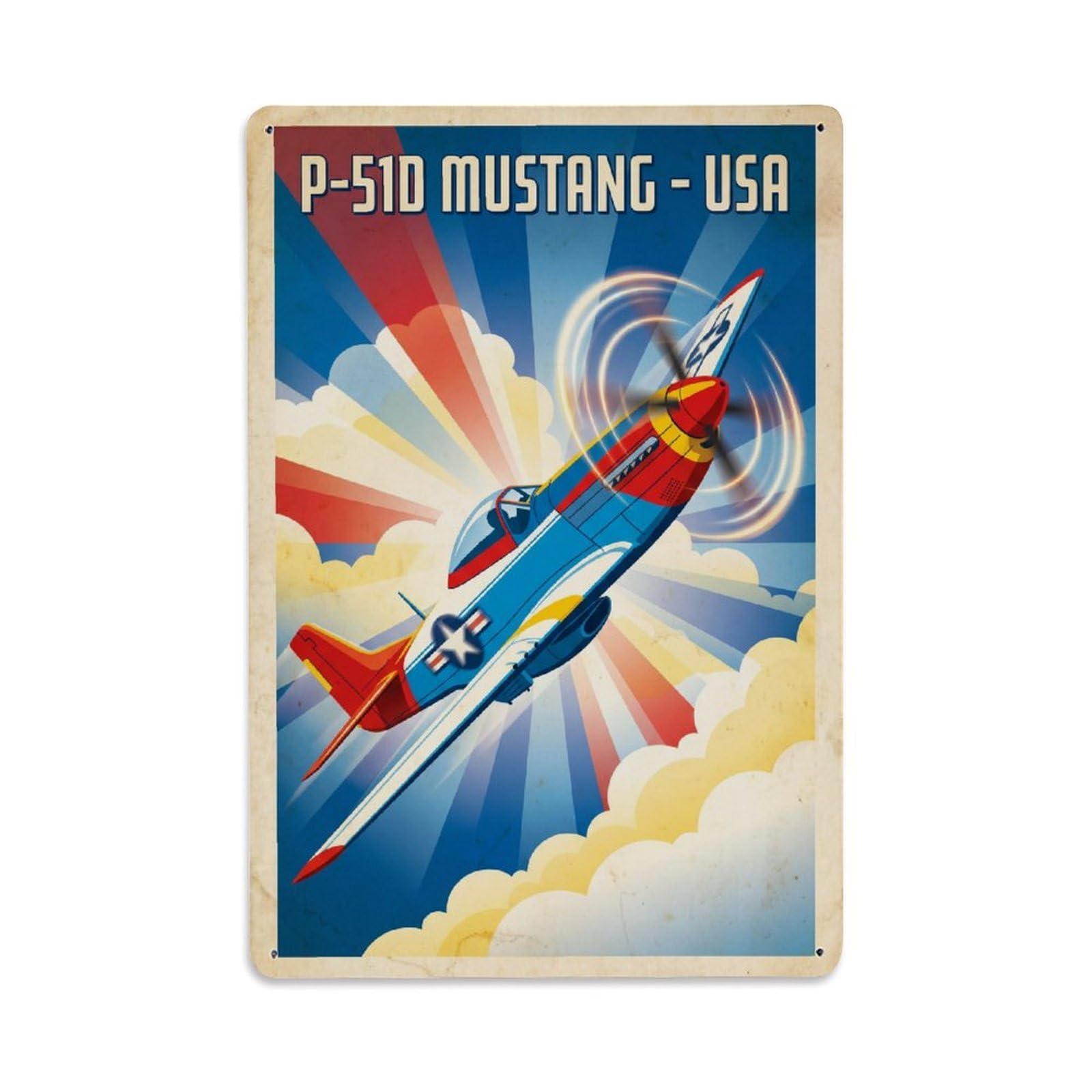 P-51D Mustang Retro Propaganda Vintage Aviation Metal Tin Sign Plaque Wall Decor for Cafe, Man Cave, Club Bar, Office, Home Garden Round Metal Poster 8x12Inch