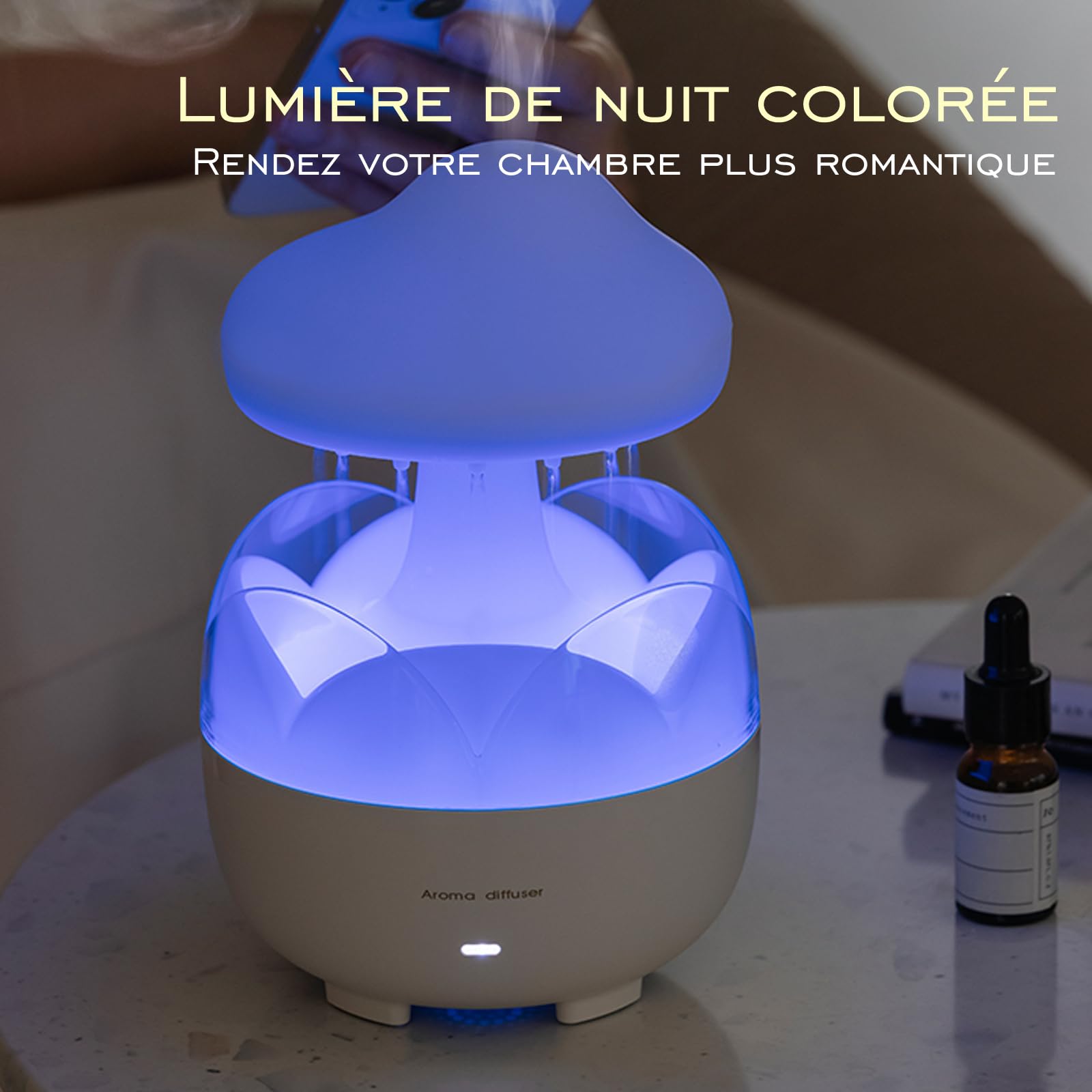 Raindrop humidificateur portable 230 ml, diffuseur d'huiles essentielles nuage veilleuse, arrêt automatique sans eau, bureau, chambre à coucher, salon