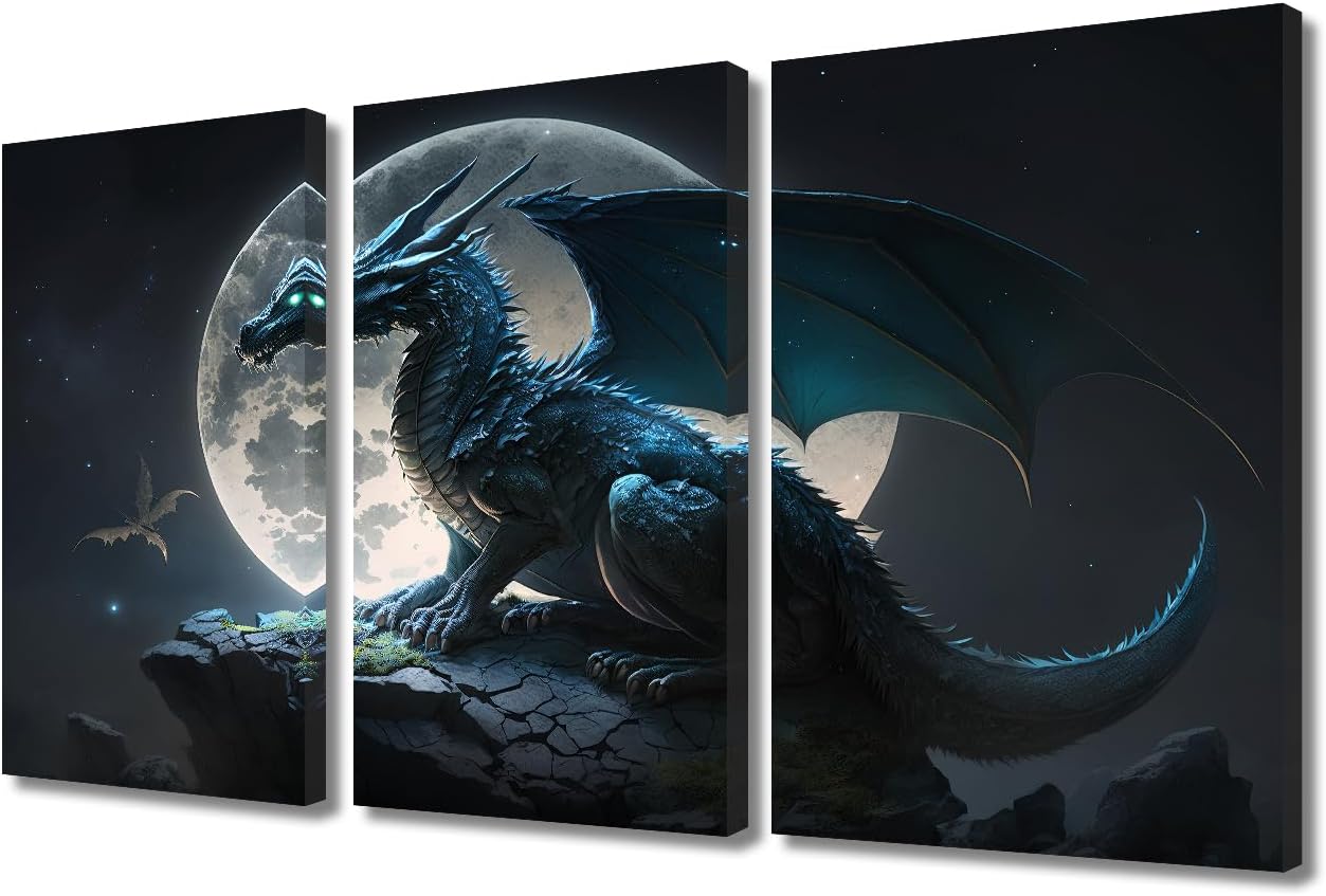 TUMOVO Dragon Canvas Paintings for Wall Decorations Mythical Creatures Prints Wall Art 3 Piece Canvas Artwork Wall Decor Boys Room Decor Framed Wall Art Bedroom Wall Decor Above Bed, 36x24 Inches