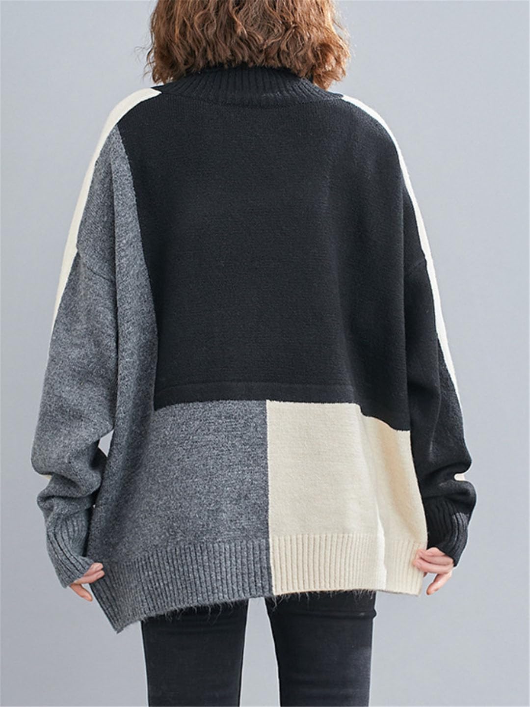 Vogrtcc Top da Donna Pullover Dolcevita Color Block Maglione Oversize da Donna di Media Lunghezza Allentato