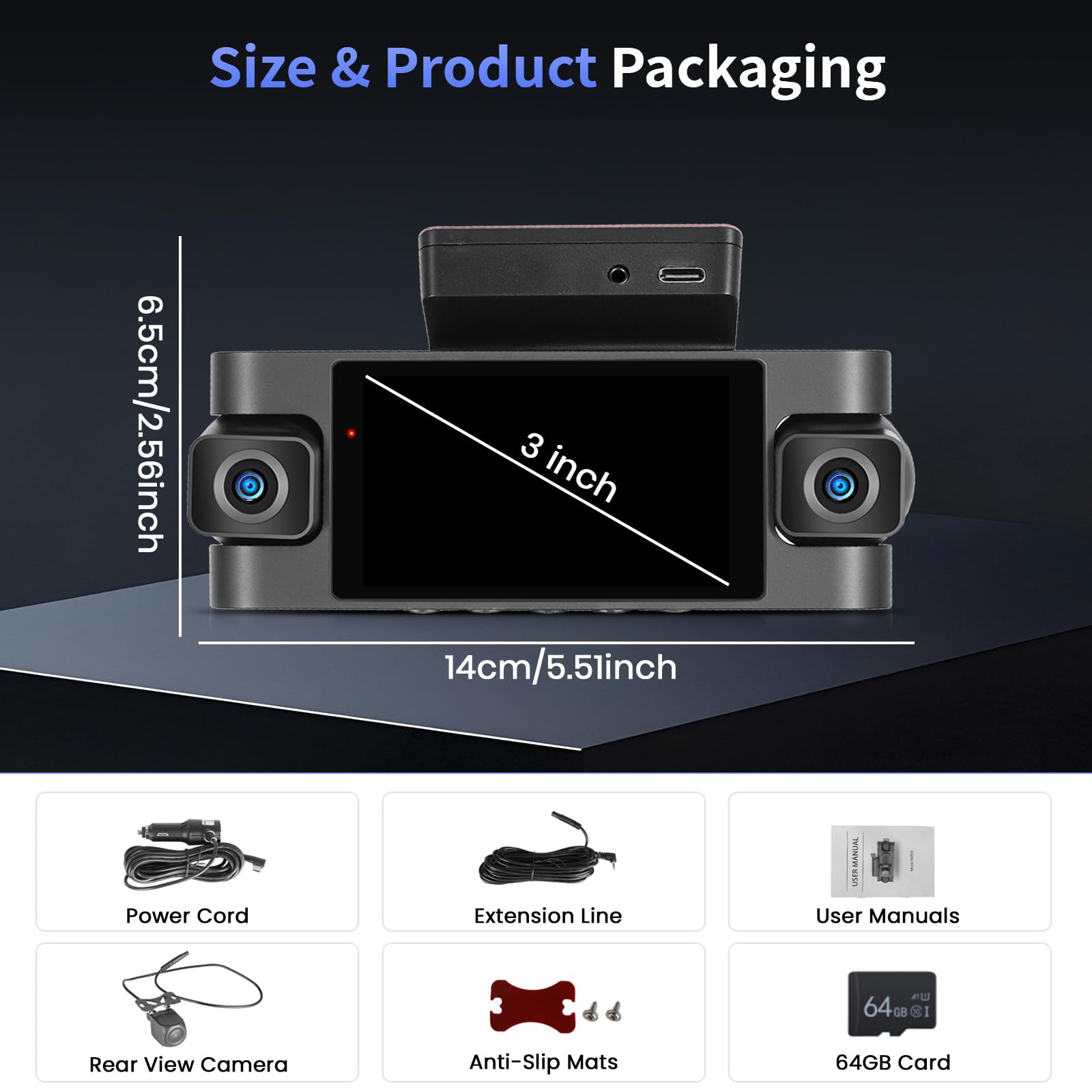Hikity Dashcam de Bord 4 canaux, Dashcam Voiture de Bord WiFi 2K à l'avant et 1080P à l'arrière à l'intérieur de la Gauche à Droite, Voiture avec Carte de 64G - Wi-FI, Capteur G