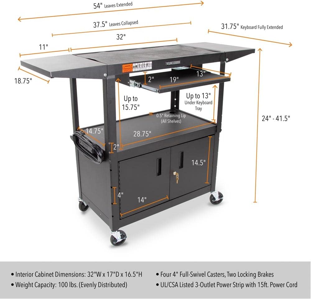 Line Leader Large AV Cart with Locking Cabinet & Drop Leaves, Rolling Height Adjustable Utility Cart with Pullout Laptop Keyboard Tray & Cord Management, Narrow Mobile Workstation (Black, 54 x 18)