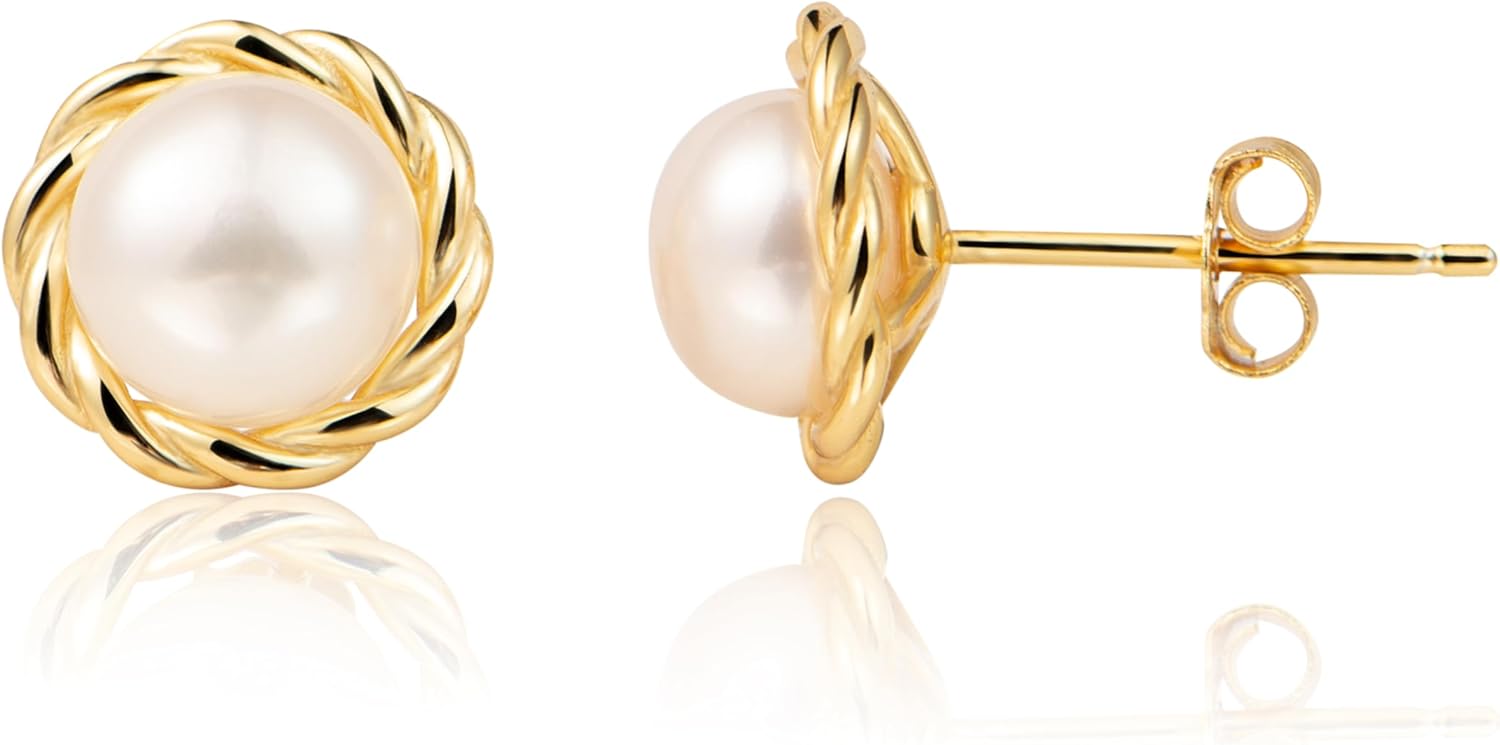 MAPLEDAIRY Genuine Pearl Gold Earring Studs, Small Size, 18k Gold plated Sterling Silver, Lustrous Real Freshwater Pearls