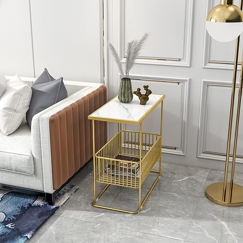 Side Table/End Table,Modern Black and White with Storage Basket, 2-Layer Slate Golden Metal Frame Living Room, Bedroom Bedside Table