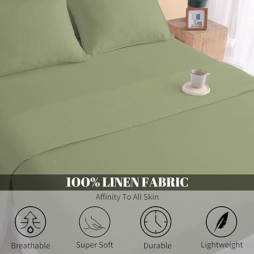 Miniatura 6 de NATUREFIELD Juego de sábanas de 100 % lino, sábanas de lino francés lavado extra suave, ropa de cama que absorbe la humedad, sábana bajera de 4