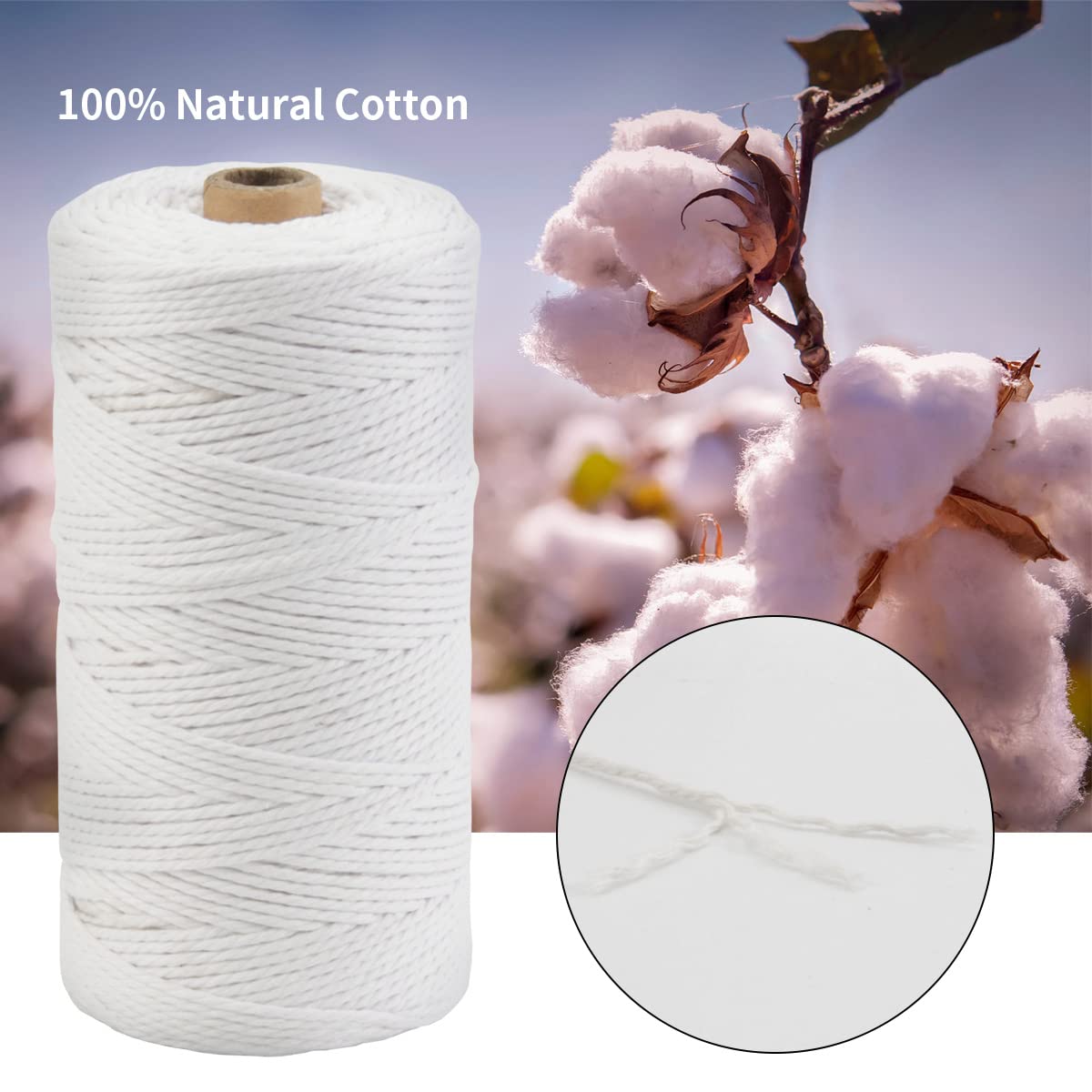 POZEAN sznurek do makramy, 2 mm, kolorowa lina do makramy, 200 m, 100% naturalna bawełniana lina do zawieszania na ścianie, wieszaków na rośliny, rękodzieła DIY, dziewiarstwa, projektów dekoracyjnych na Boże Narodzenie ślub (biały)