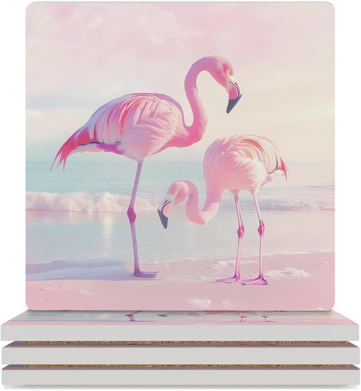 Flamingo Beach Ceramic Coasters Square Drinks Coaster Coffee Table Decor Table Coaster for Home Bar