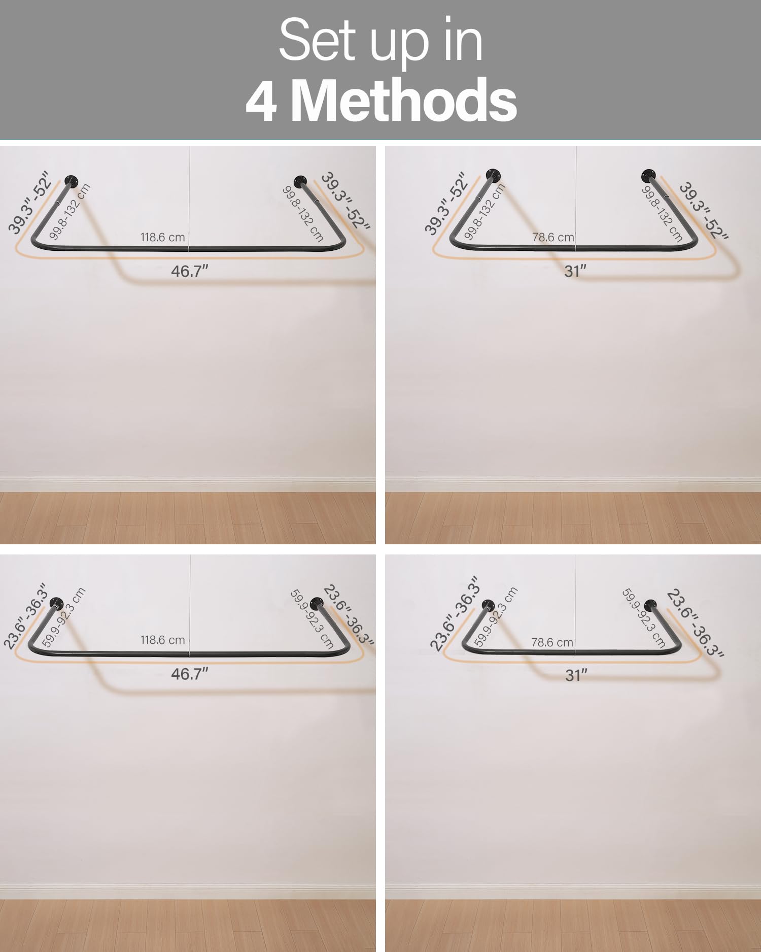 Barra de Ducha en Forma de U para Esquina, Ajustable [Lados: 60-132 cm, Centro: 79-119 cm] - Barra de Ducha de Tubo Grueso con 12 Ganchos y Soporte de Techo para Baño e Exteriores, Negro Mate