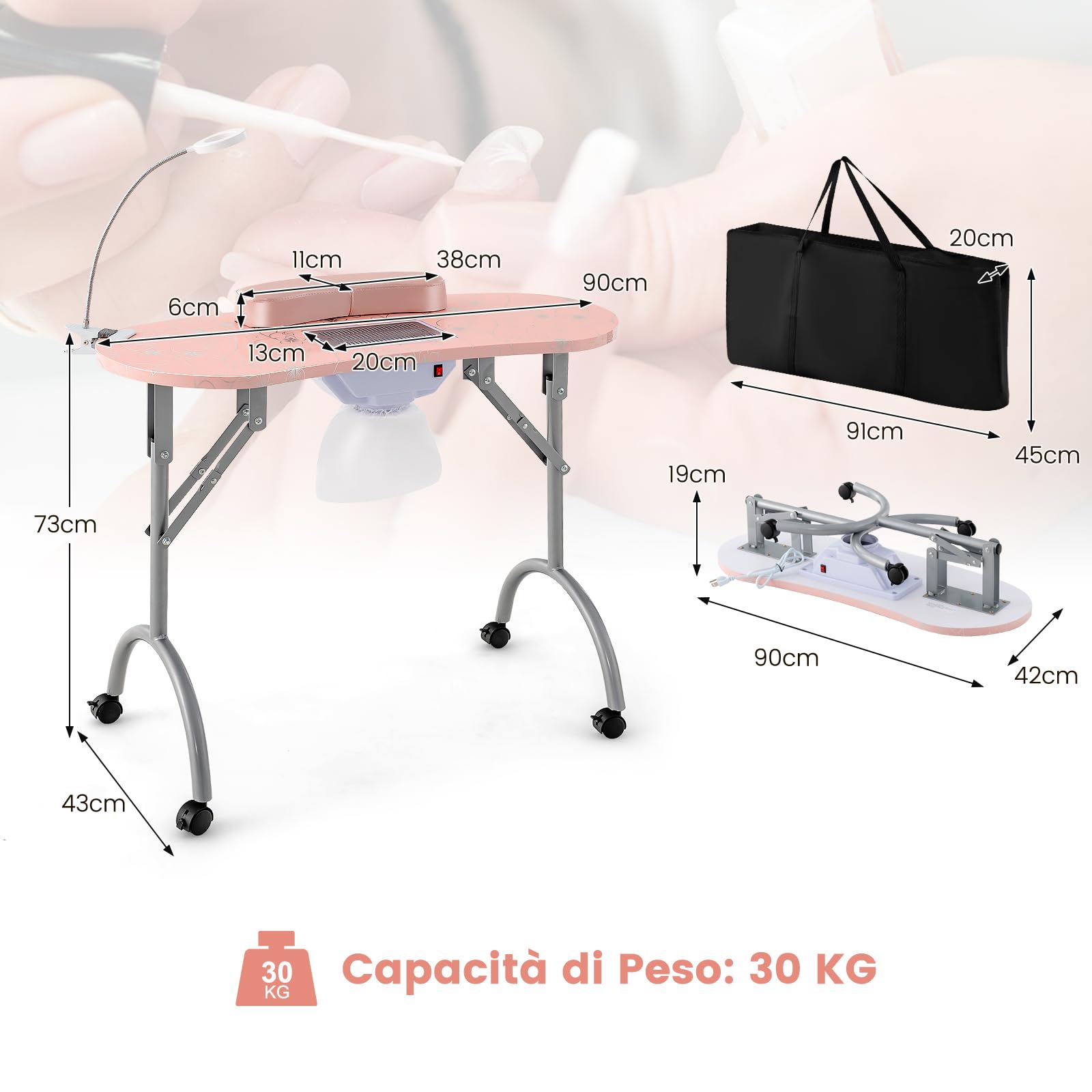 COSTWAY Tavolo per Manicure Pieghevole con Aspiratore, Tavolo per Unghie Portatile con Luce LED Regolabile, Cuscino Poggia Polso Rimovibile, Borsa da Trasporto e 4 Ruote Bloccabili (Rosa)