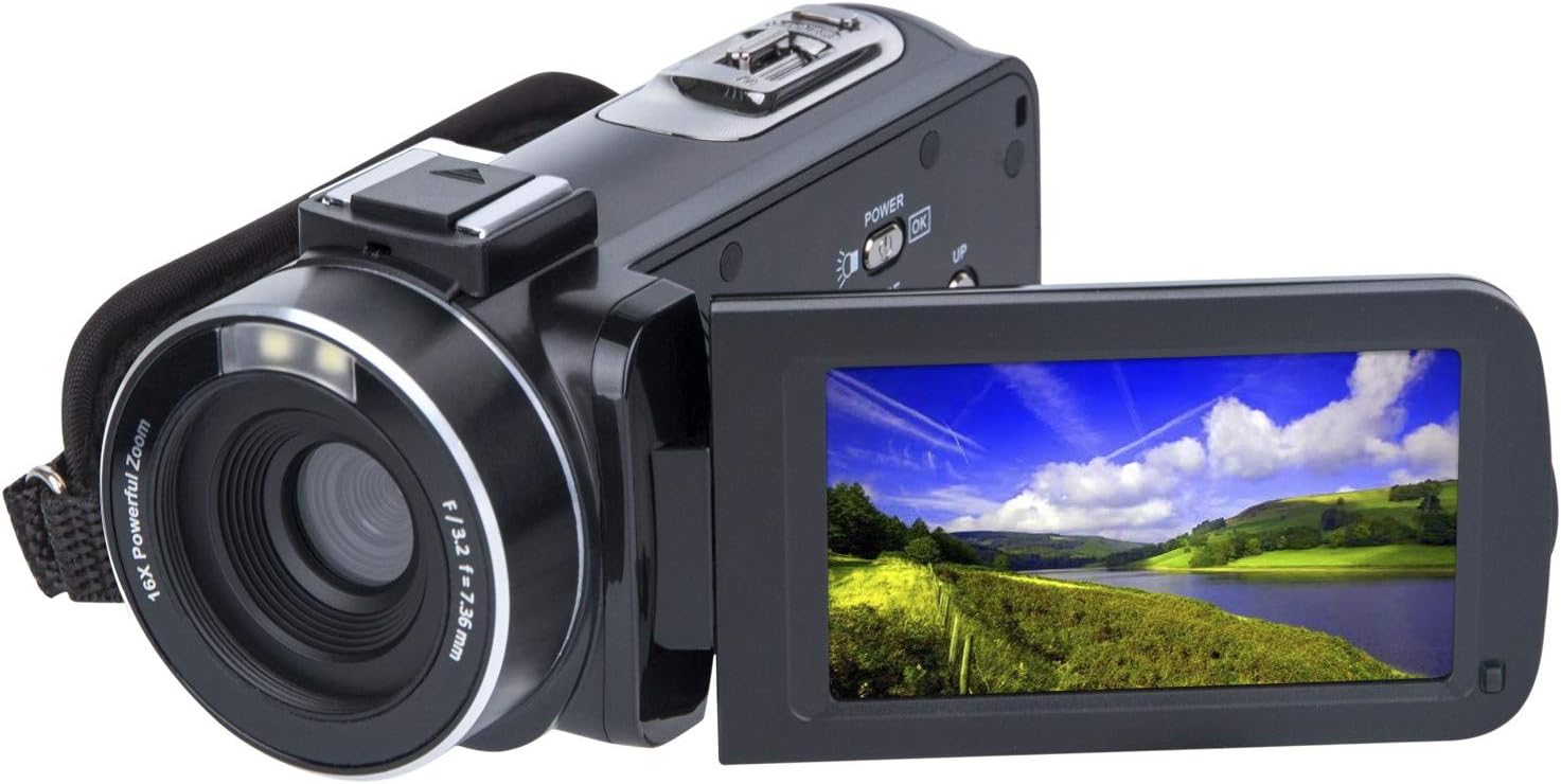 SOSUN Video Camera Camcorder HD 1080P 24.0MP 3.0 Inch LCD 270 Degrees Rotatable Screen 16X Digital Zoom Camera Recorder and 2 Batteries(301S-Plus), 301AM