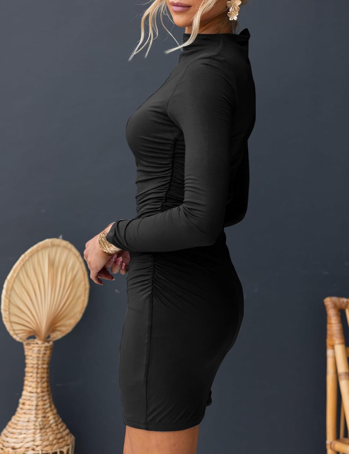 OWIN Women's Sexy Casual Mock Neck Dresses Long Sleeve Ruched Bodycon Cocktail Party Mini Dress - Image 3