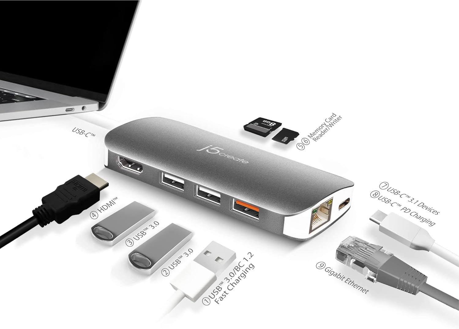 j5create USB-C 9-in-1 Multi Adapter Multi Adapter HDMI/Ethernet/USB 3.1, SD and MicroSD/PD 3.0 | 4K HDMI for MacBook | ChromeBook |USB-C Devices (JCD383)