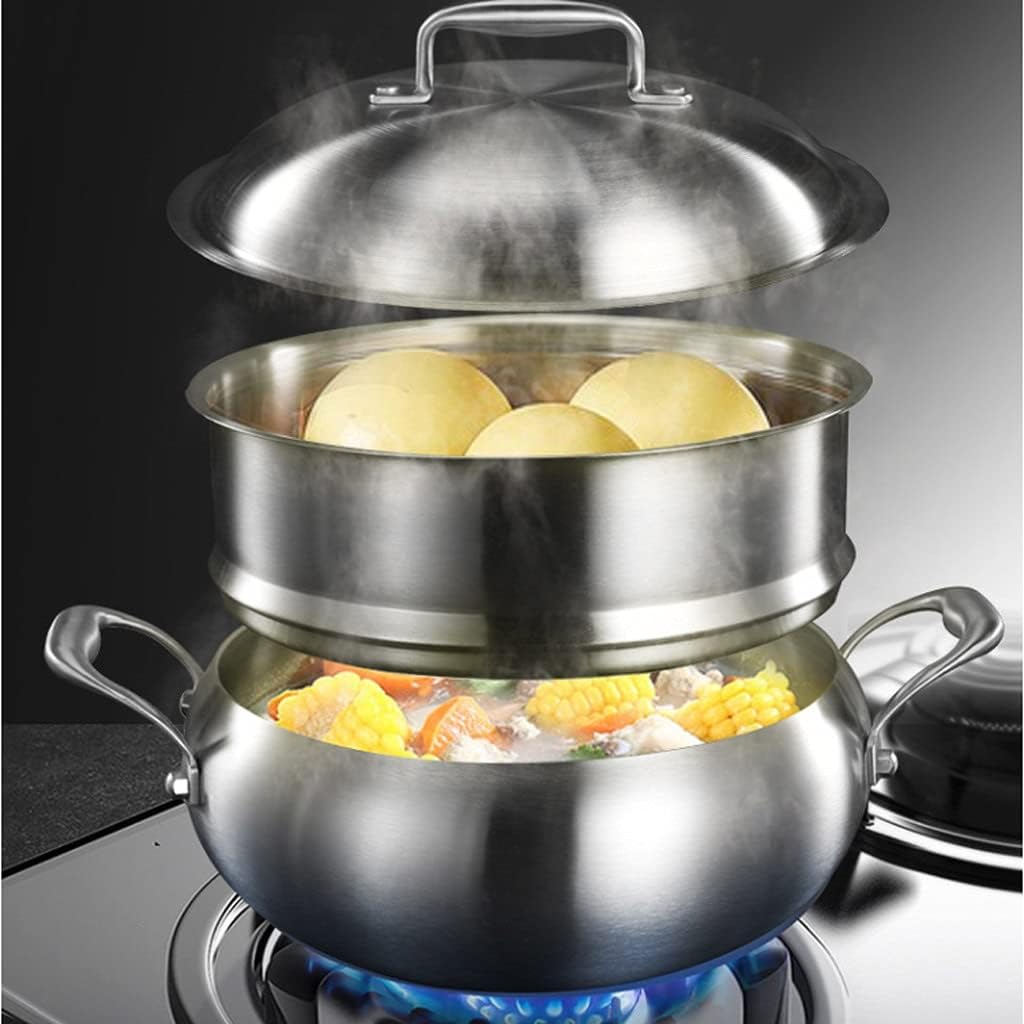 Stainless Steel Steamer Dual-purpose Thickened Two-layer Non-porous Uncoated Steamed Bun Soup Pot with Steamer(24cm)