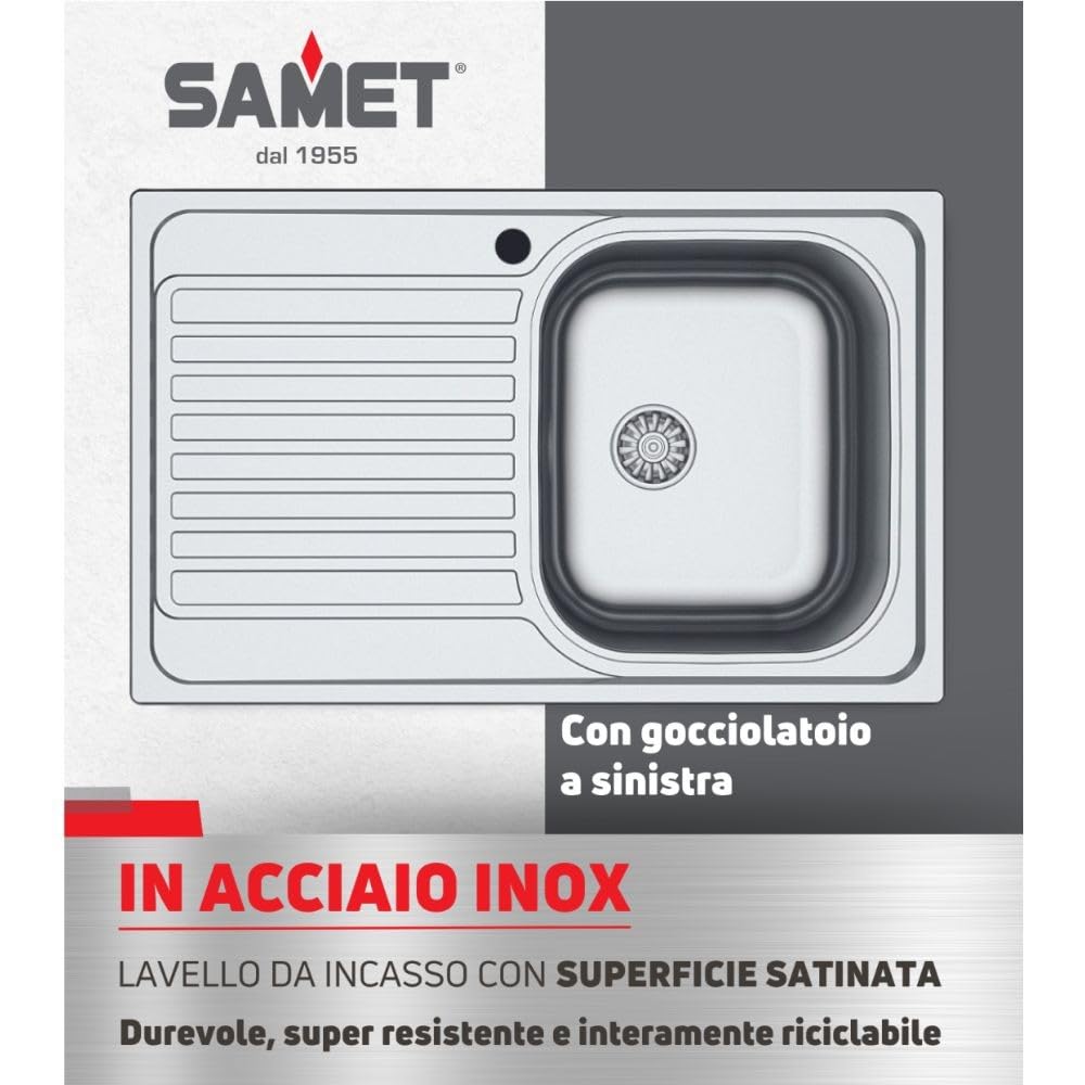 Lavello cucina vasca acciaio inox da incasso gocciolatoio sx 50x79 cm