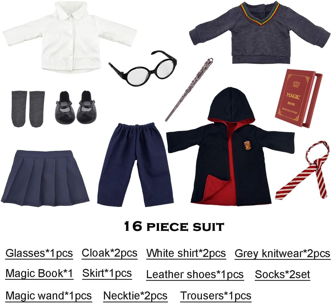 Doll Clothes and Accessories 18 Inch Doll Clothes 2 Set Magic School Uniform Inspired Costume Doll Clothes Clothing Outfits Accessories Set 16 Pcs for 18 inch Dolls(No Doll)