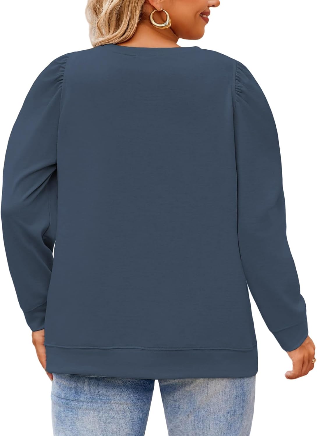 DOLNINE Womens-Plus-Size-Tops Casual Puff Sleeve Dressy Solid Color Sweatshirt Classic Crewneck Loose Fit Tunic Shirts XL-5XL - Image 2