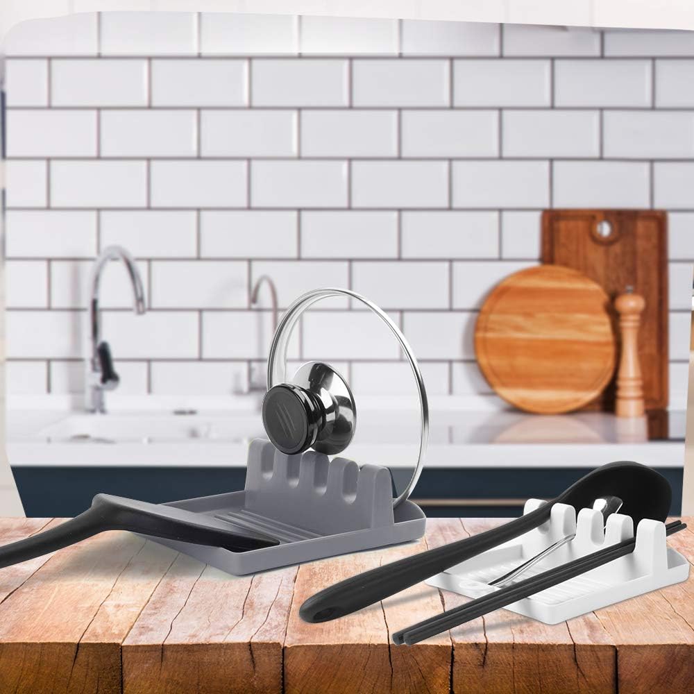 Kitchen Utensil Rest with Drip Pad, 2-PCS Spoon Rest for kitchen with Hanging Design, Spoon Holder for Stove Top, Kitchen Utensil Holder for Ladles, Tongs & Lid Storage (Gray & White)